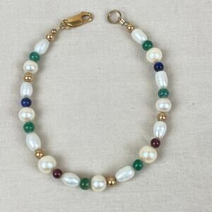 Freshwater Pearl & Natural Gemstone 14k Yellow Gold Bead & Clasp Bracelet